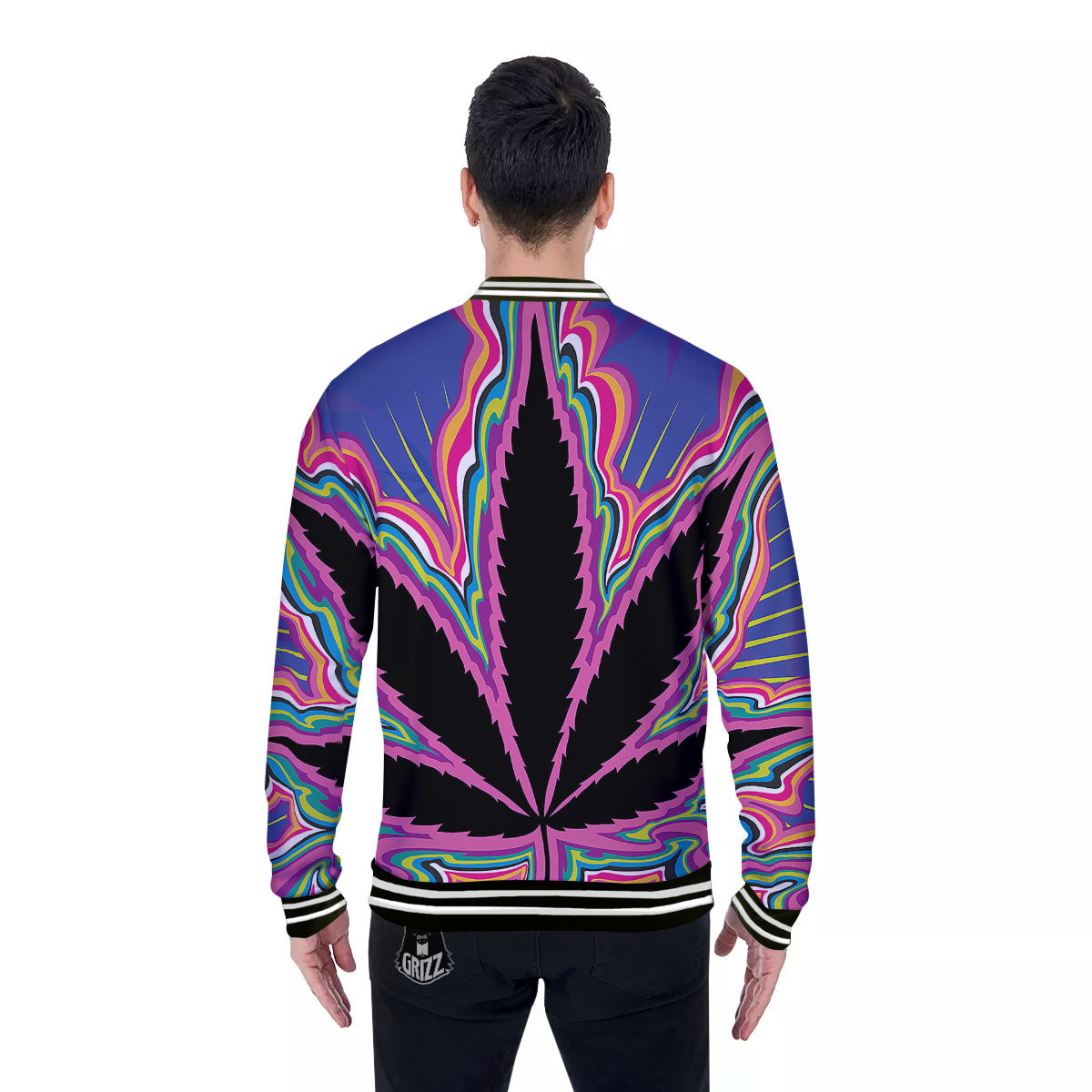 Cannabis Leaf Psychedelic Print Baseball Jacket-grizzshop