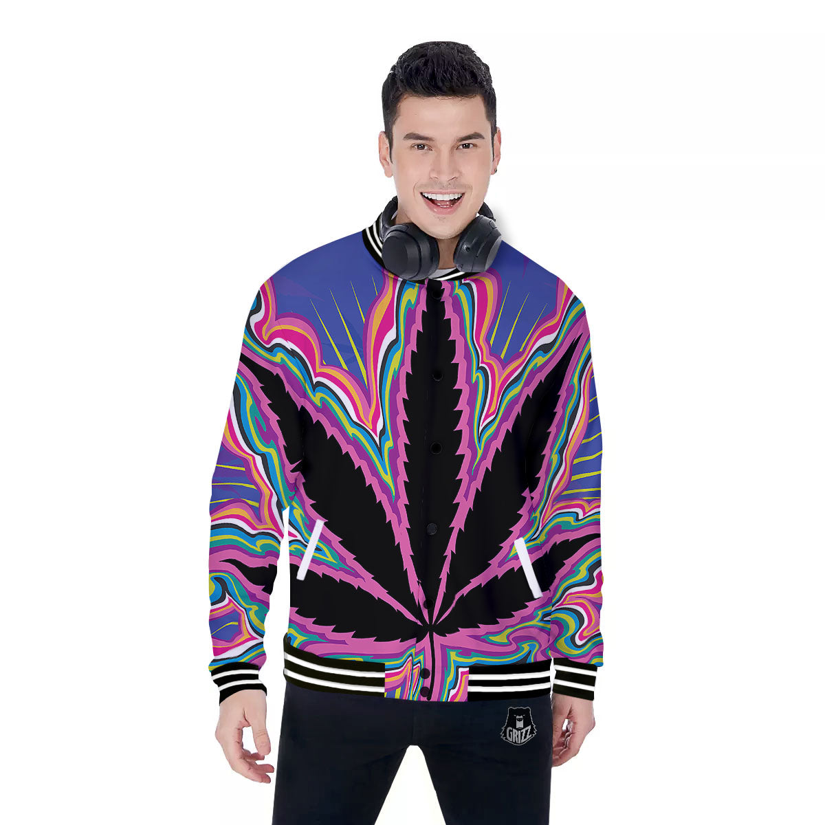 Cannabis Leaf Psychedelic Print Baseball Jacket-grizzshop