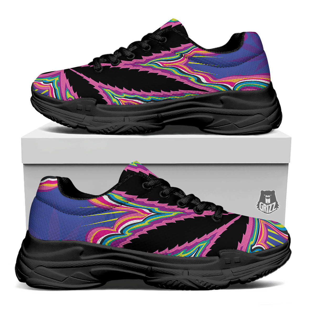 Cannabis Leaf Psychedelic Print Black Chunky Shoes-grizzshop