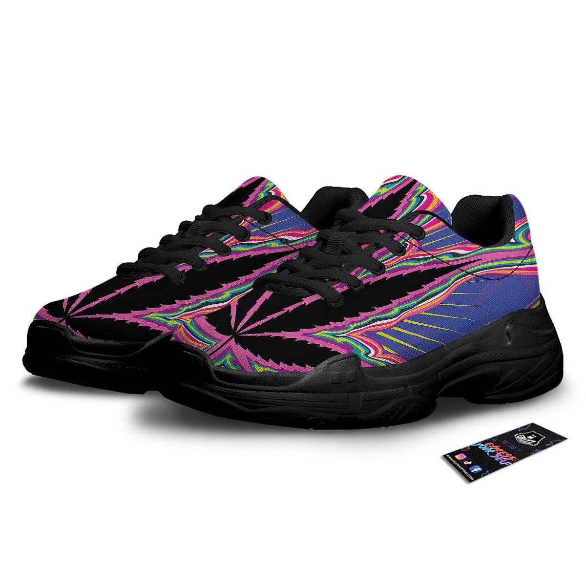 Cannabis Leaf Psychedelic Print Black Chunky Shoes-grizzshop