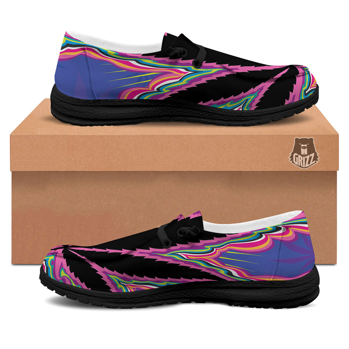 Cannabis Leaf Psychedelic Print Black Loafers-grizzshop