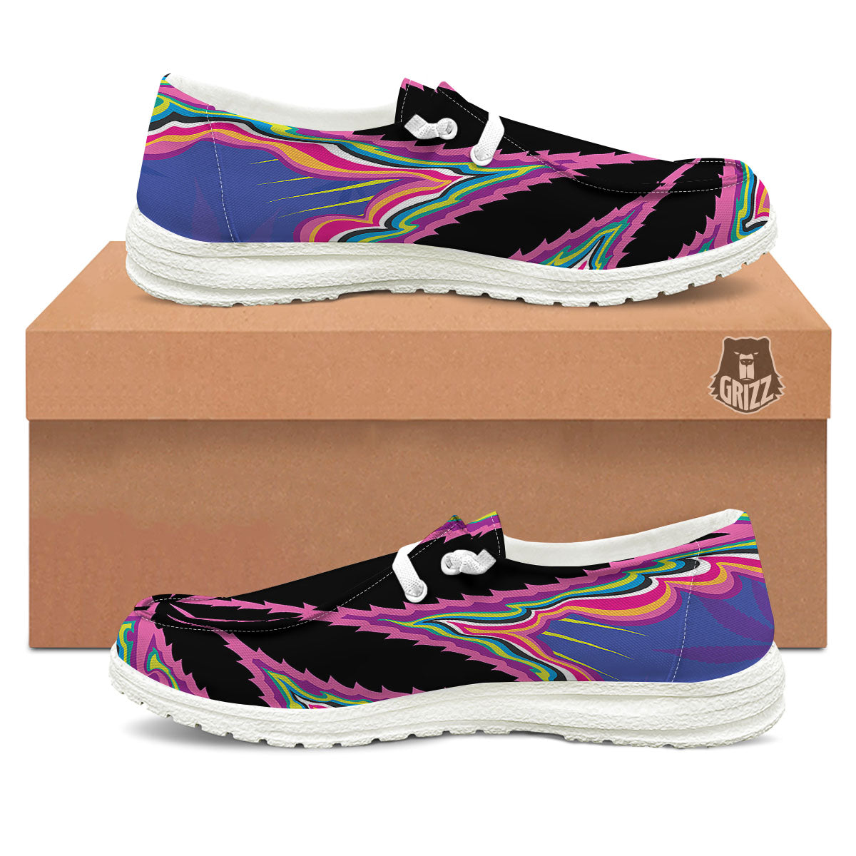Cannabis Leaf Psychedelic Print Black Loafers-grizzshop