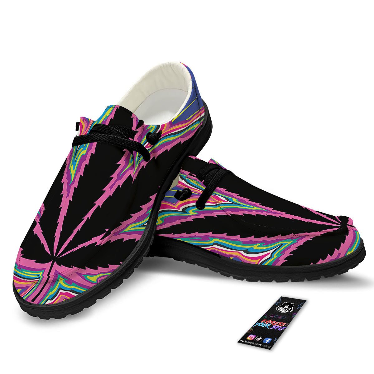 Cannabis Leaf Psychedelic Print Black Loafers-grizzshop
