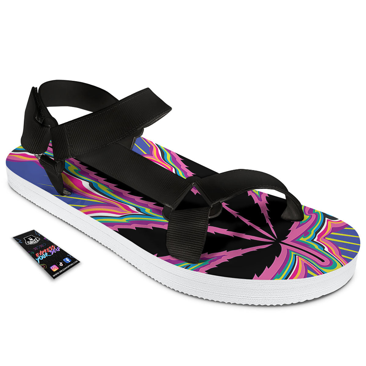 Cannabis Leaf Psychedelic Print Black Open Toe Sandals-grizzshop