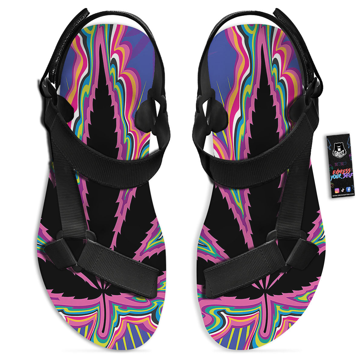 Cannabis Leaf Psychedelic Print Black Open Toe Sandals-grizzshop