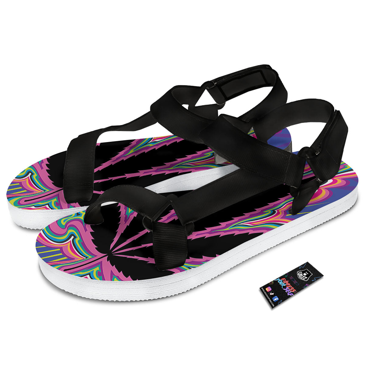Cannabis Leaf Psychedelic Print Black Open Toe Sandals-grizzshop