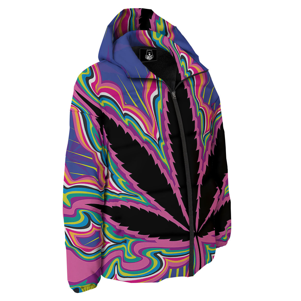 Cannabis Leaf Psychedelic Print Down Jacket-grizzshop