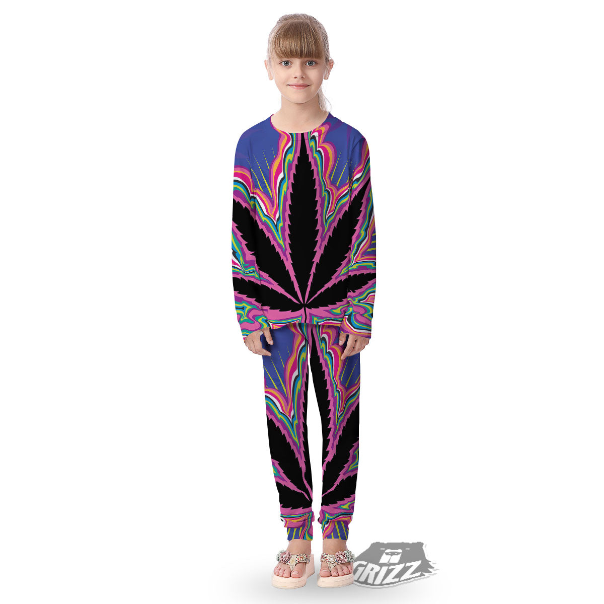 Cannabis Leaf Psychedelic Print Kid's Pajamas-grizzshop