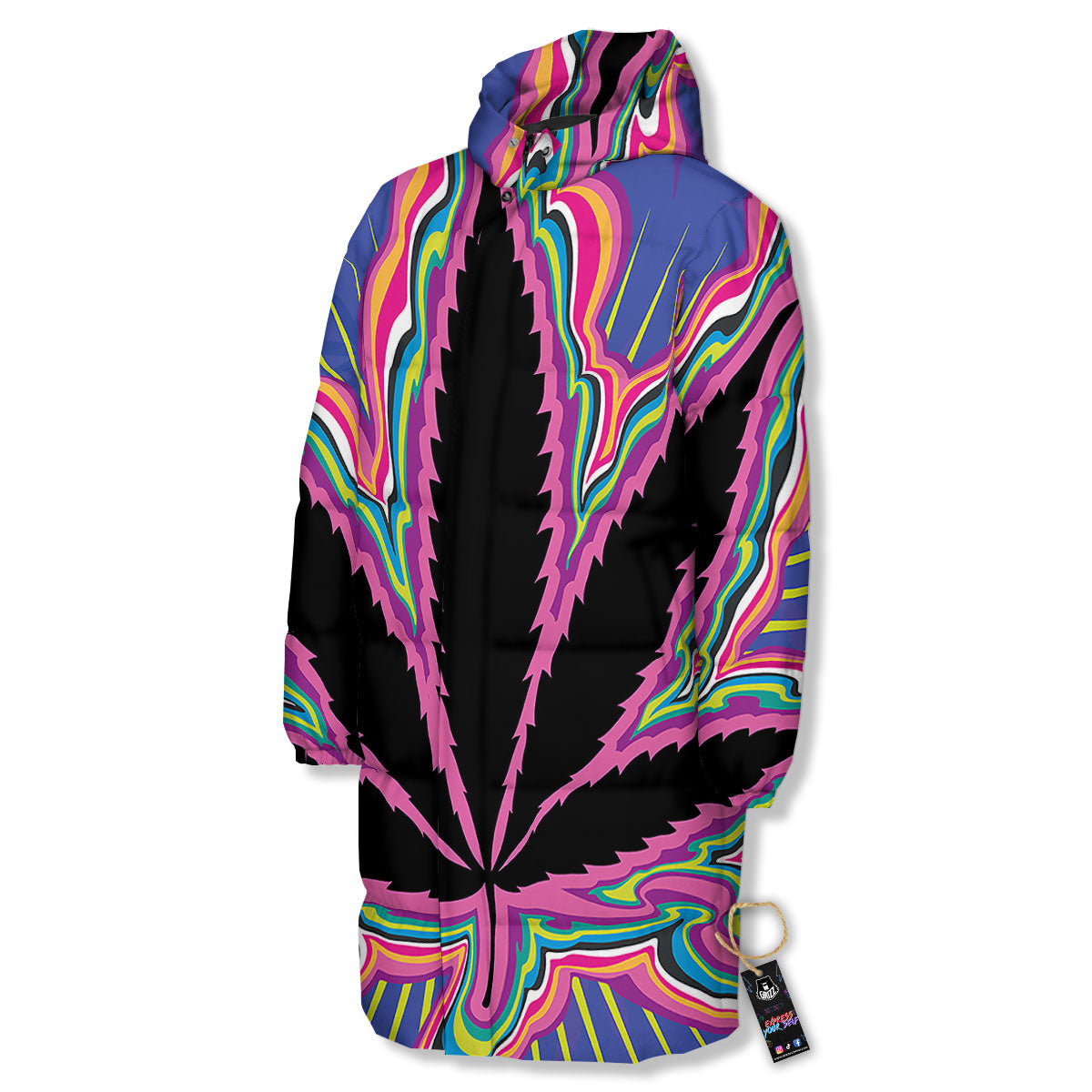 Cannabis Leaf Psychedelic Print Long Down Jacket-grizzshop
