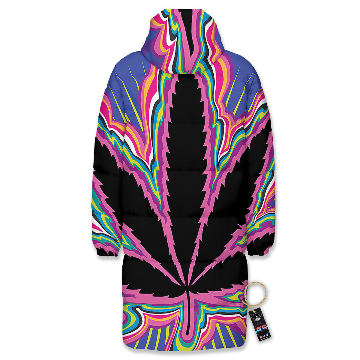 Cannabis Leaf Psychedelic Print Long Down Jacket-grizzshop
