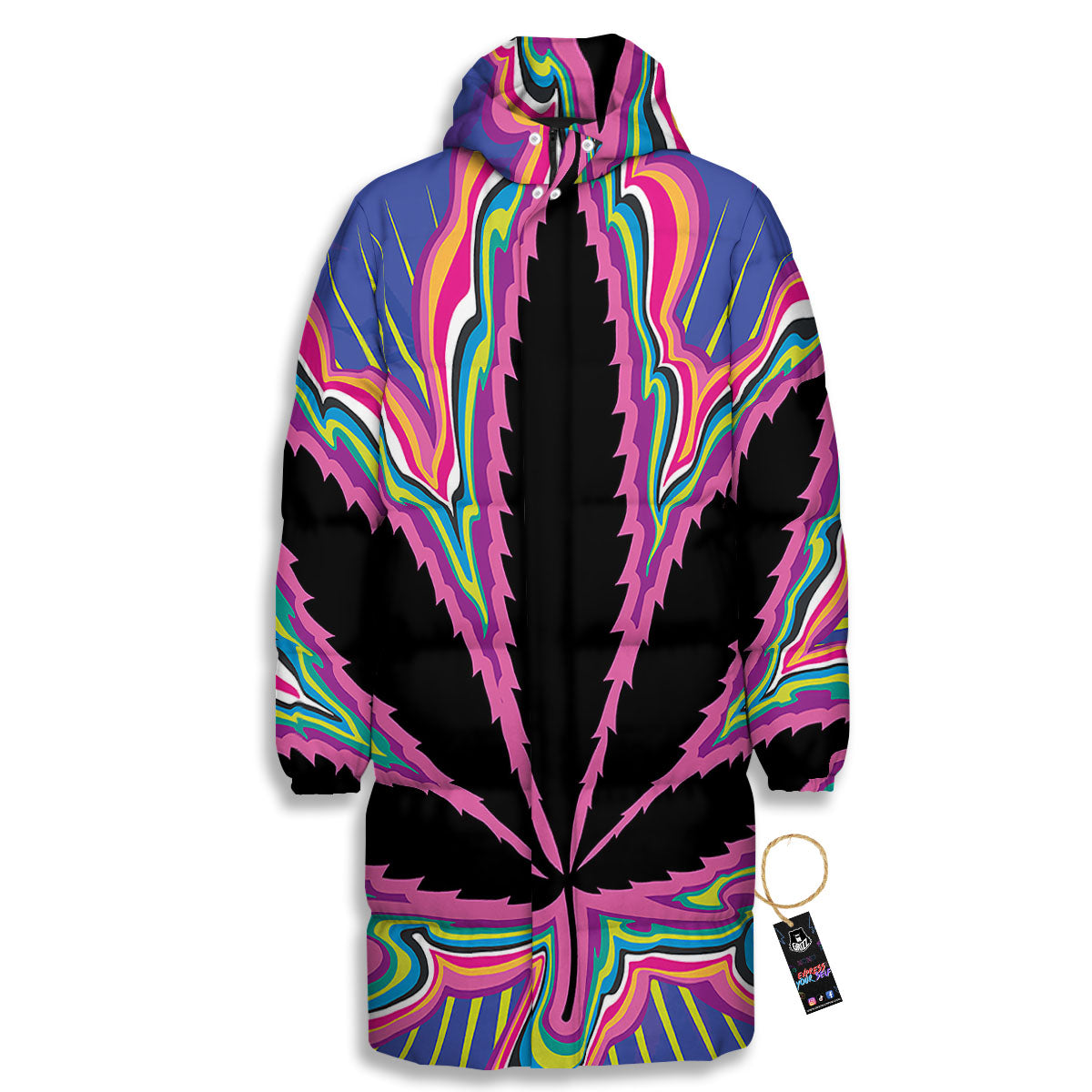Cannabis Leaf Psychedelic Print Long Down Jacket-grizzshop