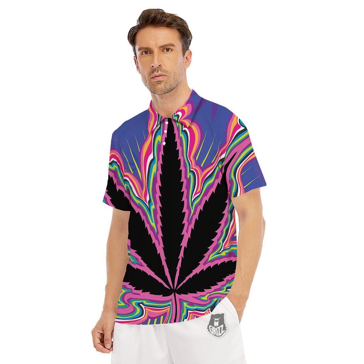 Cannabis Leaf Psychedelic Print Men's Golf Shirts-grizzshop