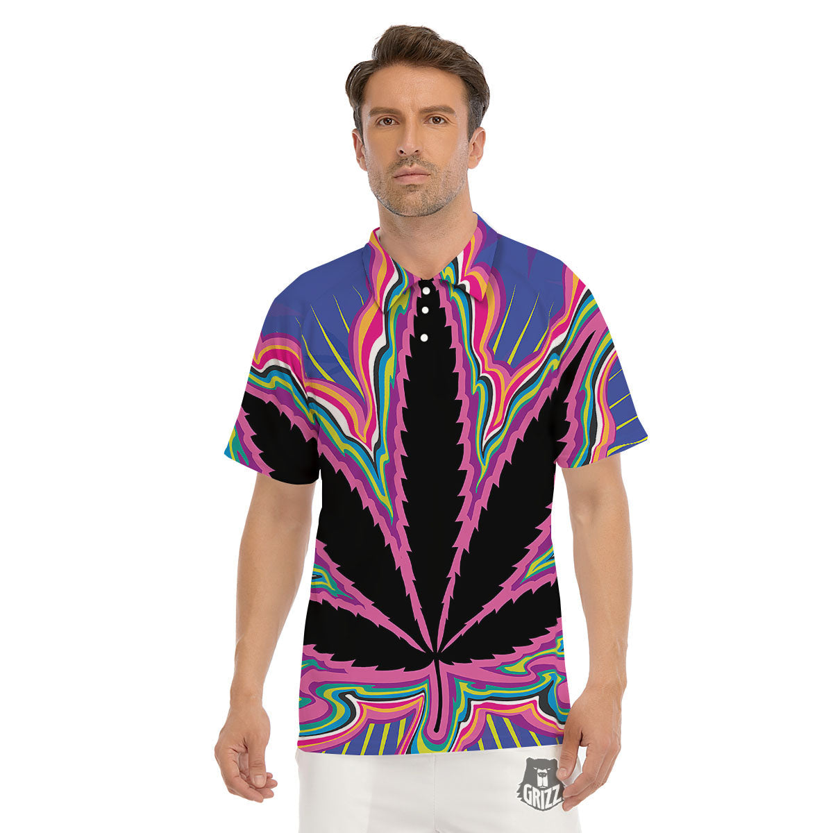 Cannabis Leaf Psychedelic Print Men's Golf Shirts-grizzshop