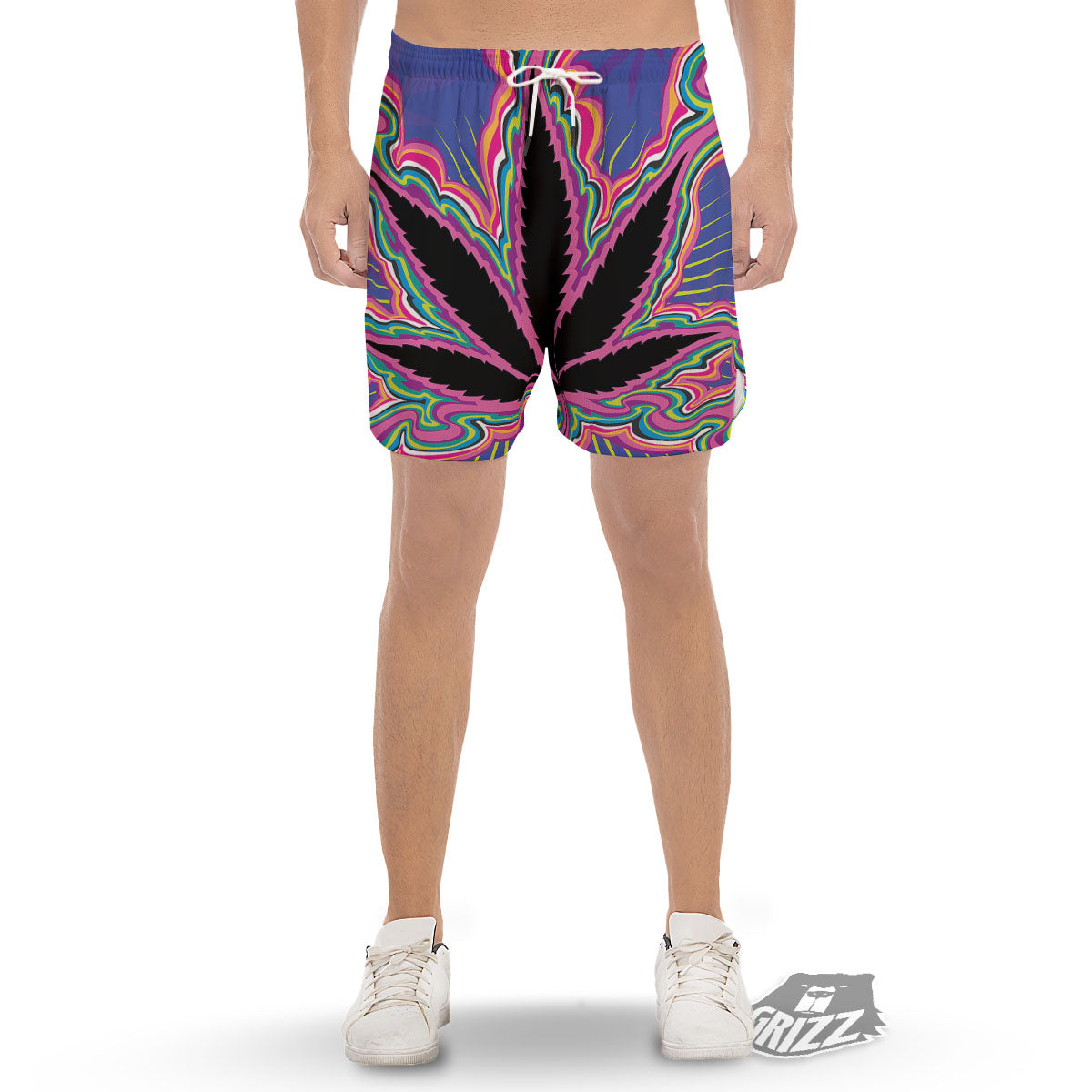 Cannabis Leaf Psychedelic Print Men's Gym Shorts-grizzshop
