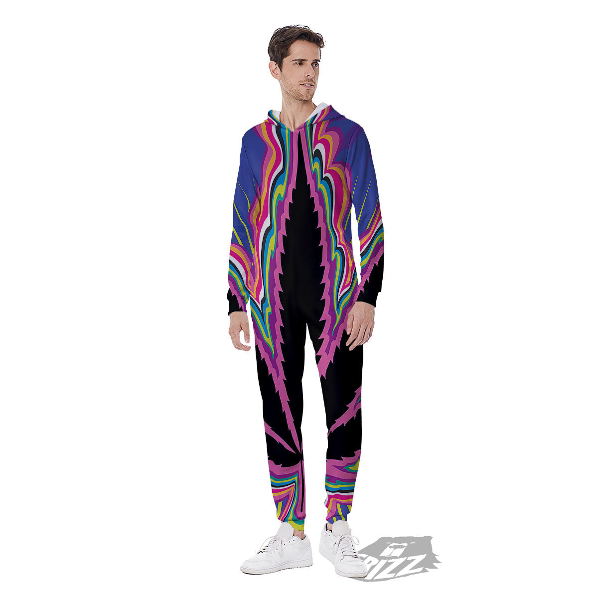 Cannabis Leaf Psychedelic Print Men's Jumpsuit-grizzshop