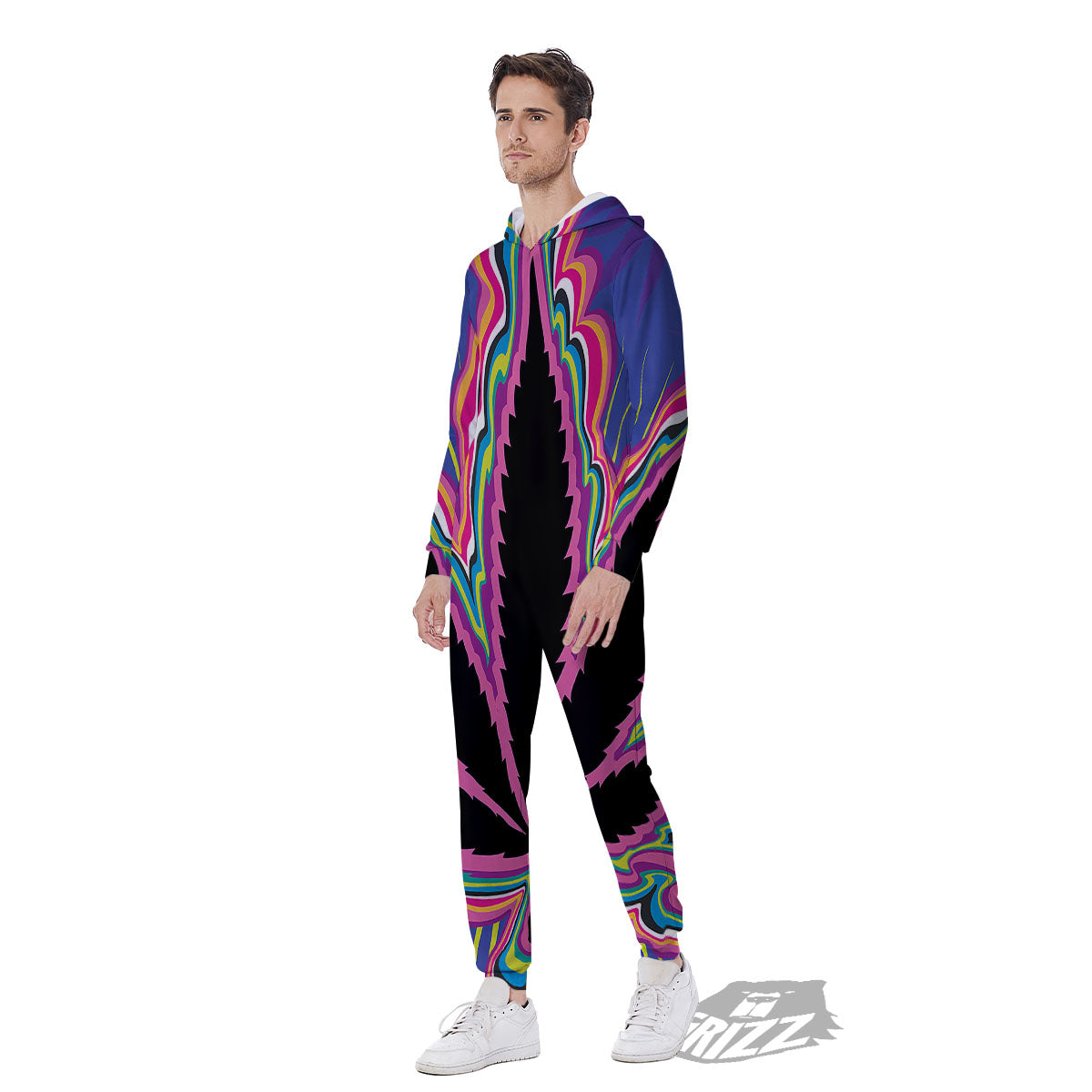 Cannabis Leaf Psychedelic Print Men's Jumpsuit-grizzshop