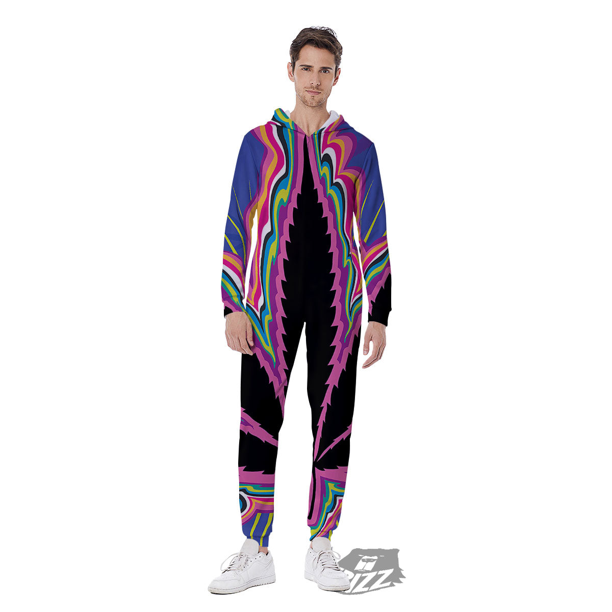 Cannabis Leaf Psychedelic Print Men's Jumpsuit-grizzshop