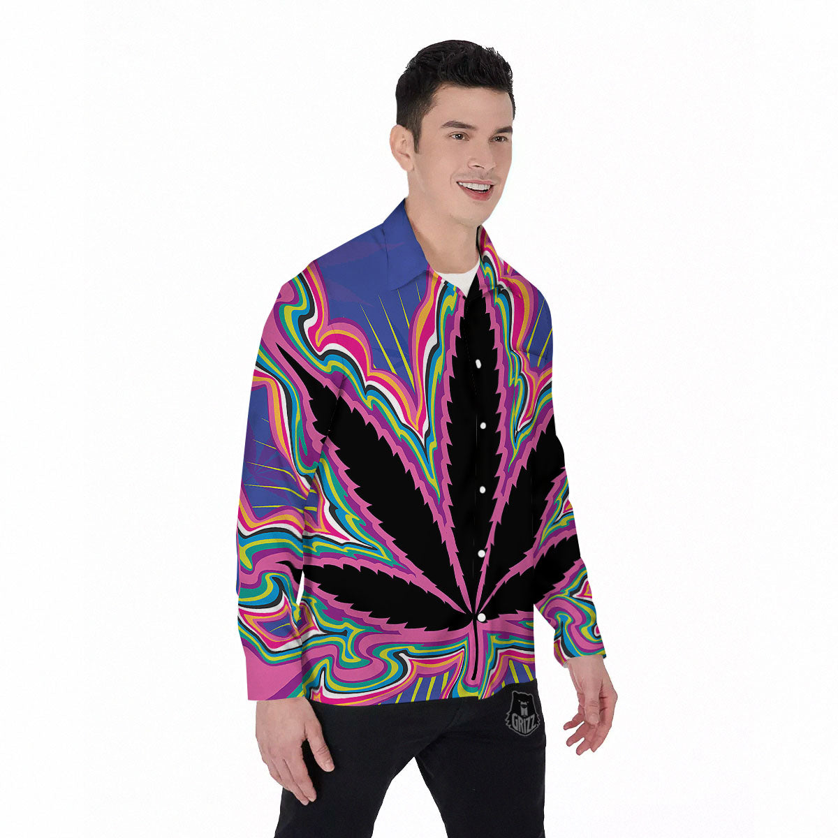 Cannabis Leaf Psychedelic Print Men's Long Sleeve Shirts-grizzshop