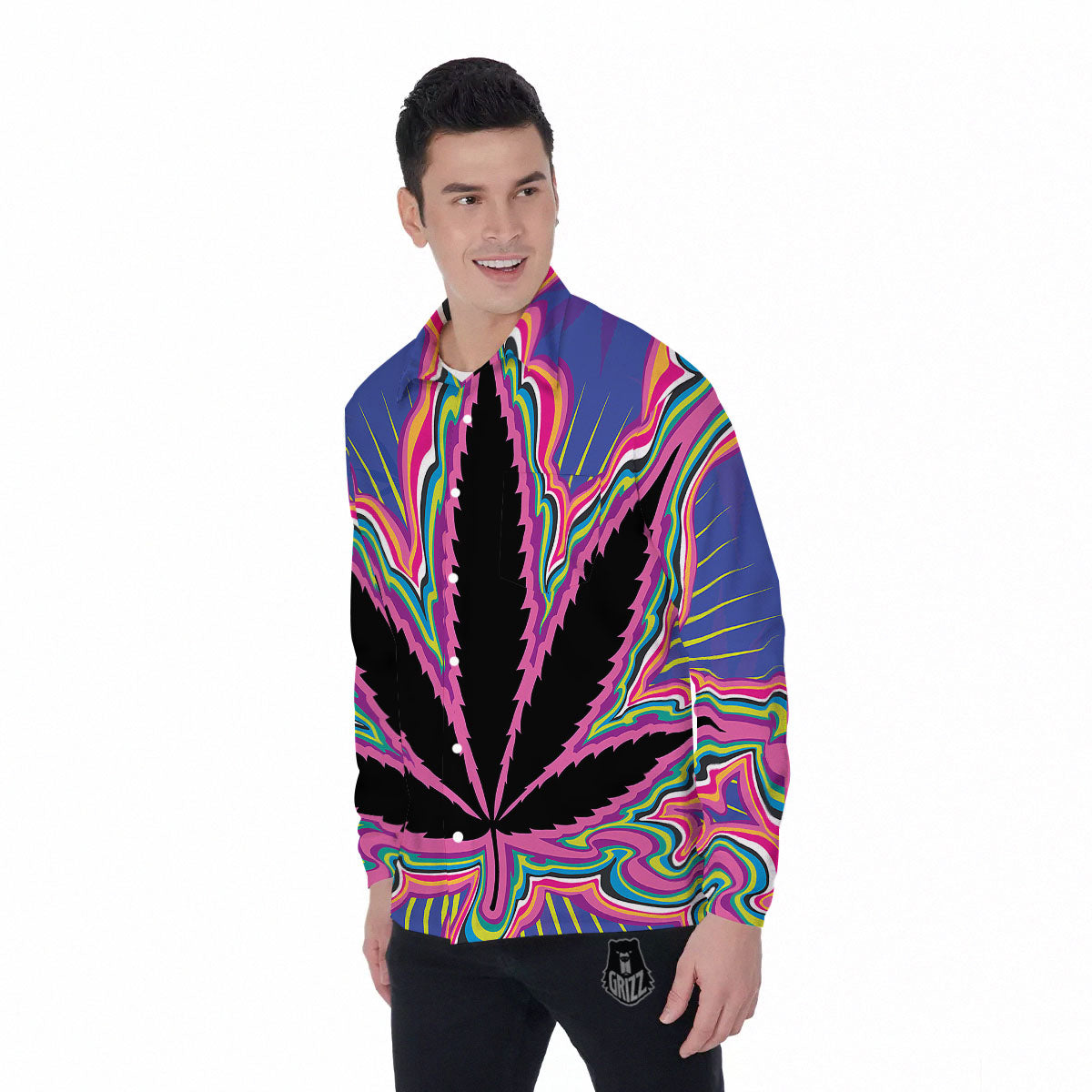 Cannabis Leaf Psychedelic Print Men's Long Sleeve Shirts-grizzshop