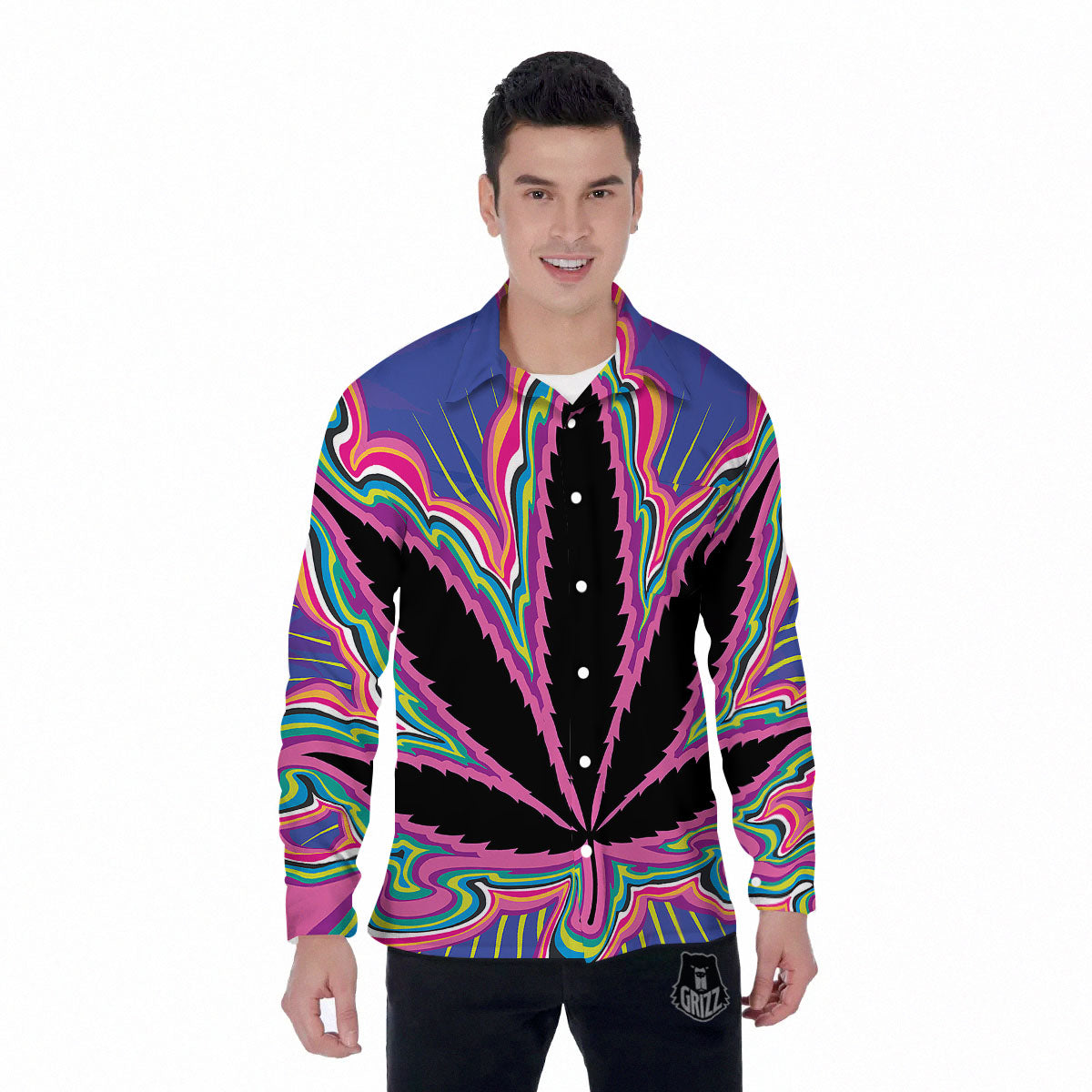 Cannabis Leaf Psychedelic Print Men's Long Sleeve Shirts-grizzshop