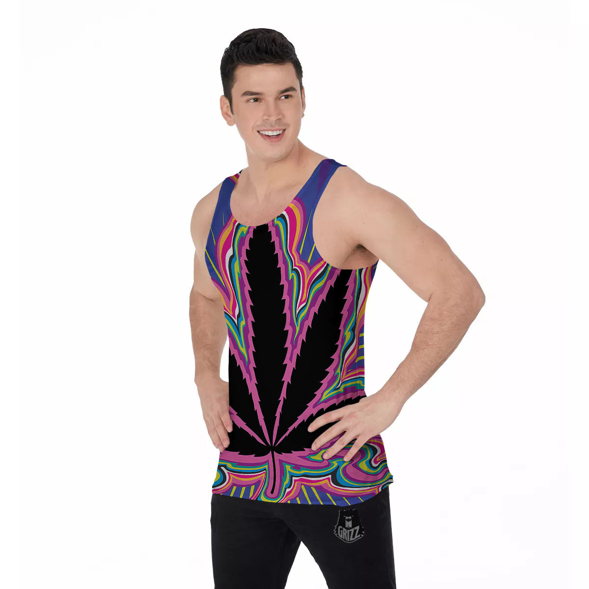 Cannabis Leaf Psychedelic Print Men's Tank Top-grizzshop