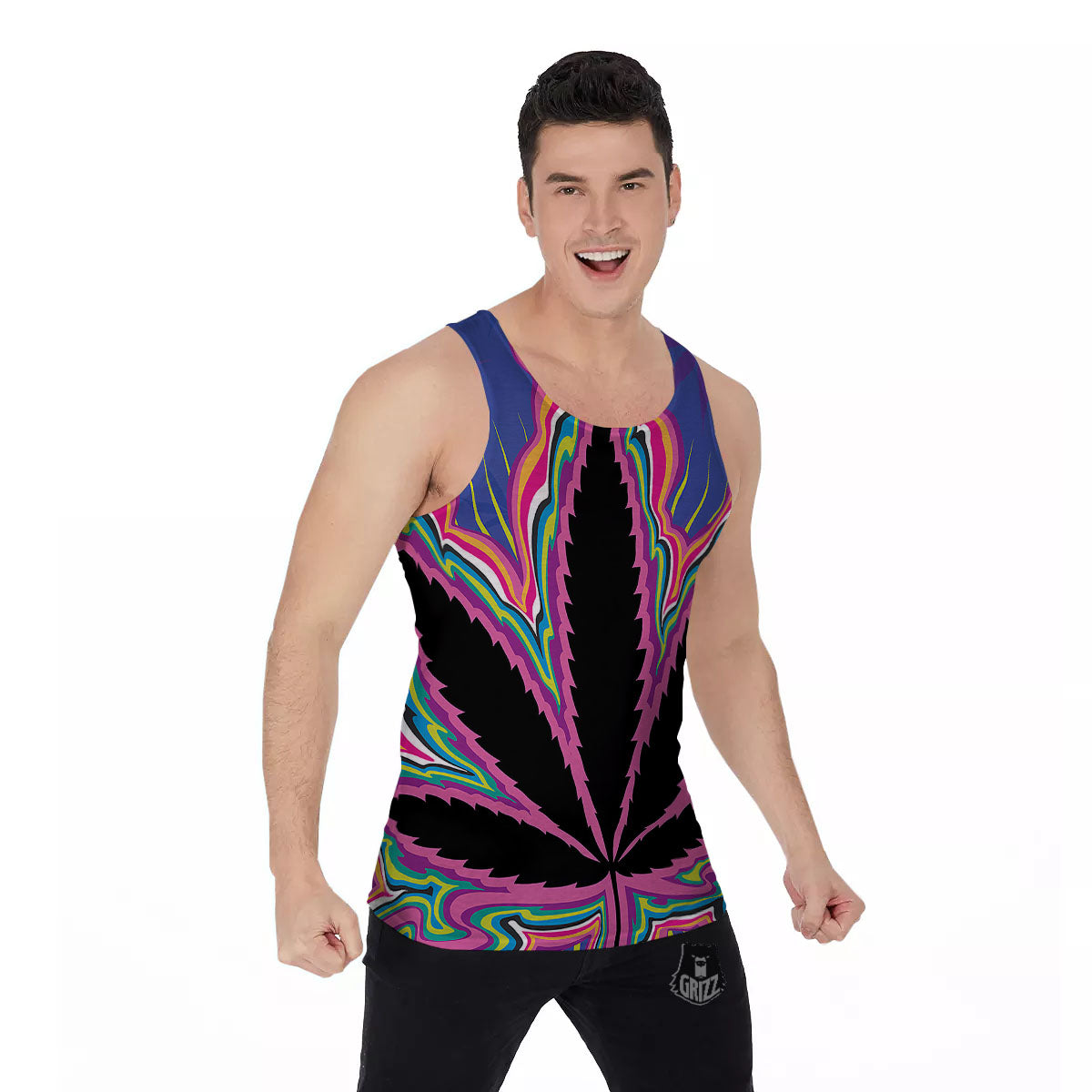 Cannabis Leaf Psychedelic Print Men's Tank Top-grizzshop