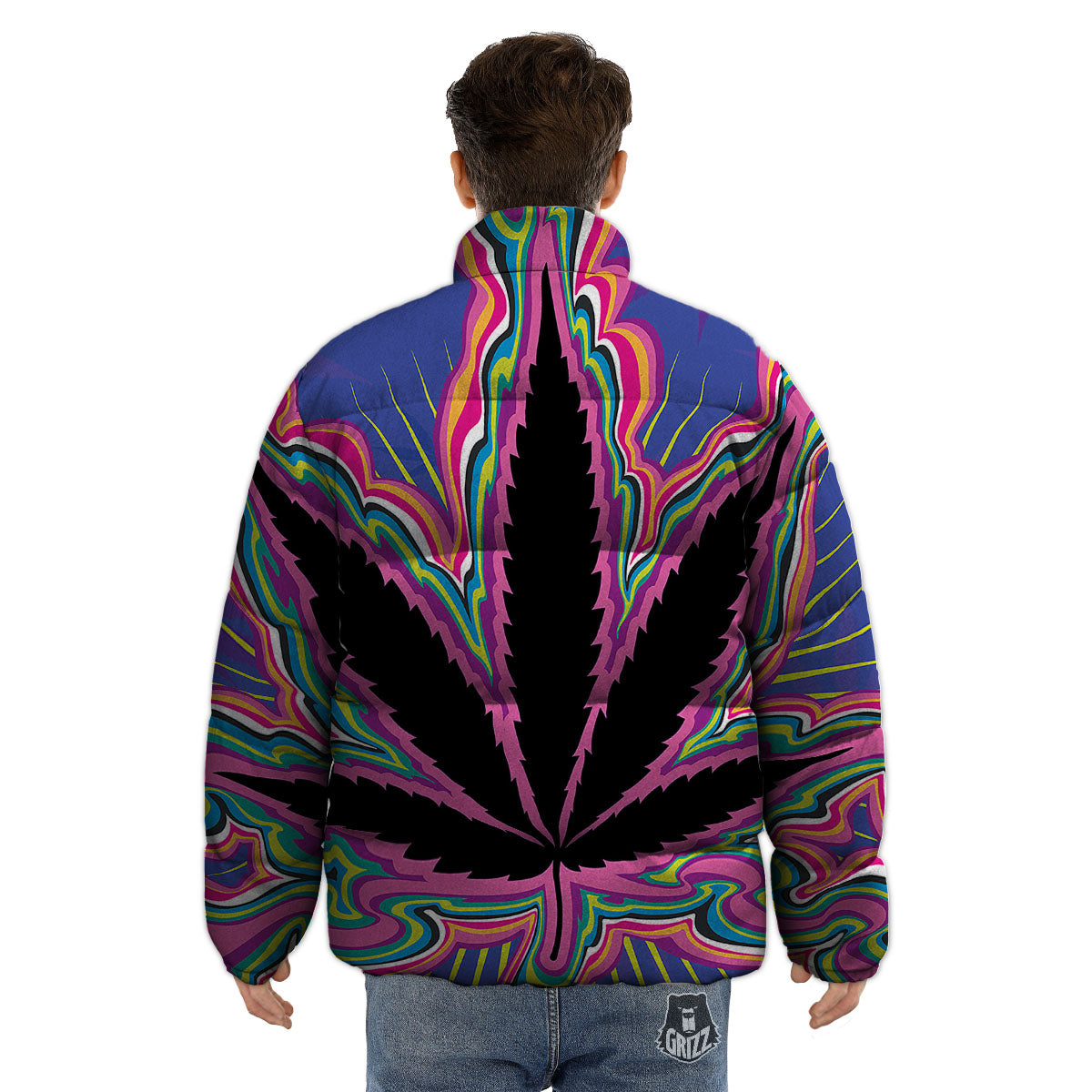 Cannabis Leaf Psychedelic Print Puffer Jacket-grizzshop