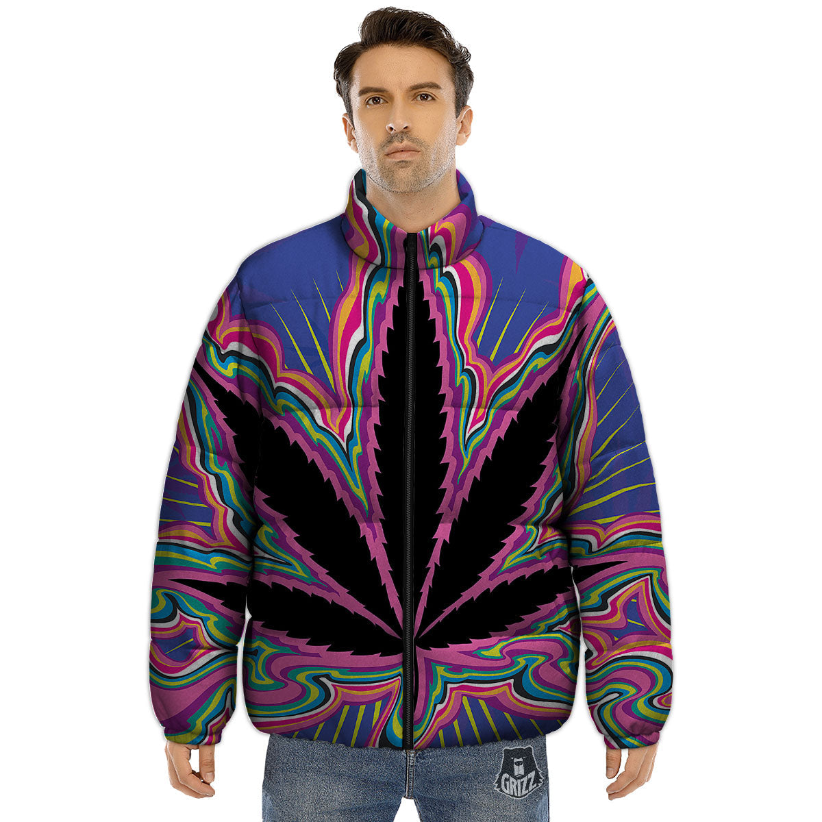 Cannabis Leaf Psychedelic Print Puffer Jacket-grizzshop