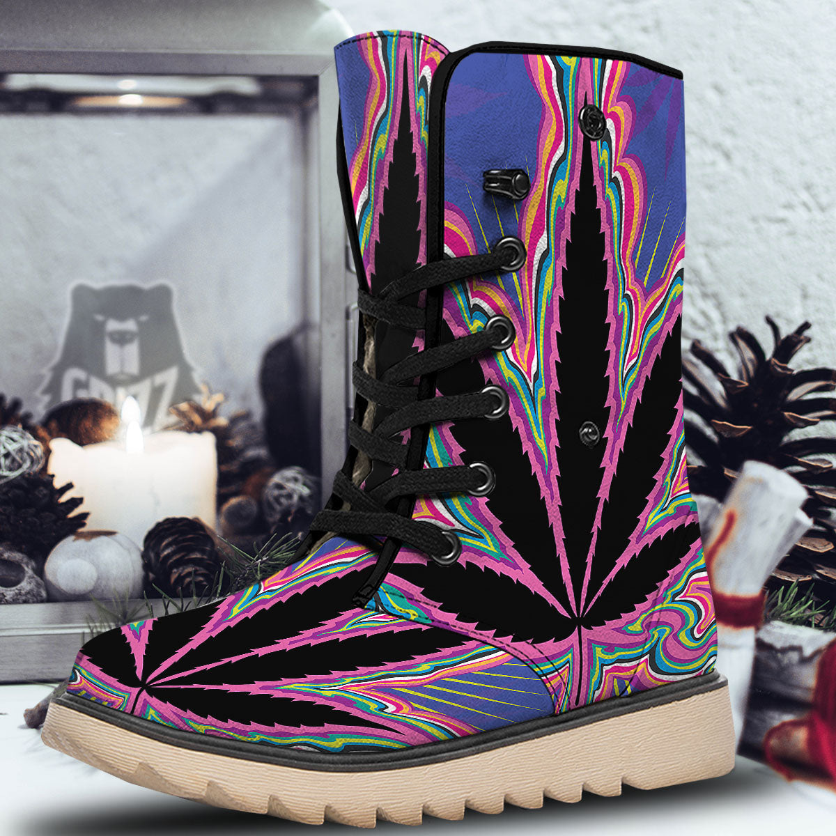 Cannabis Leaf Psychedelic Print Snow Boots-grizzshop