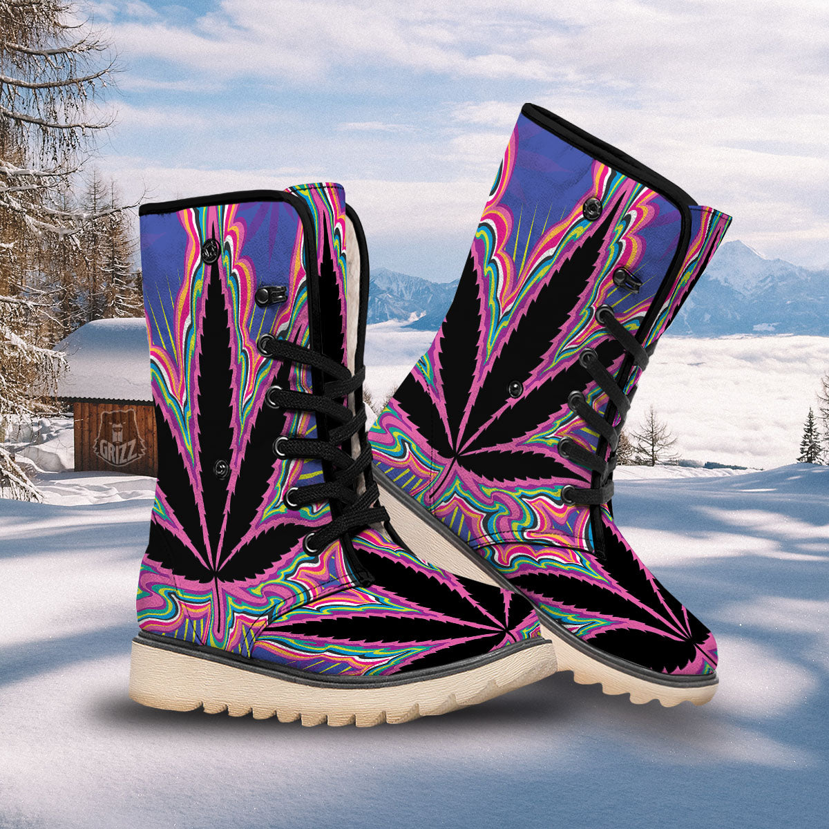 Cannabis Leaf Psychedelic Print Snow Boots-grizzshop