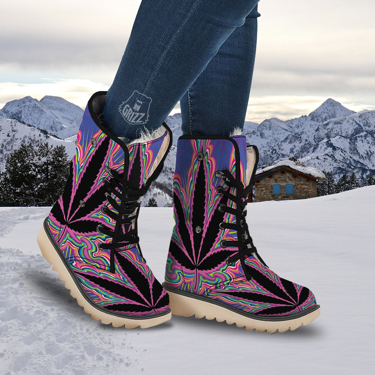 Cannabis Leaf Psychedelic Print Snow Boots-grizzshop
