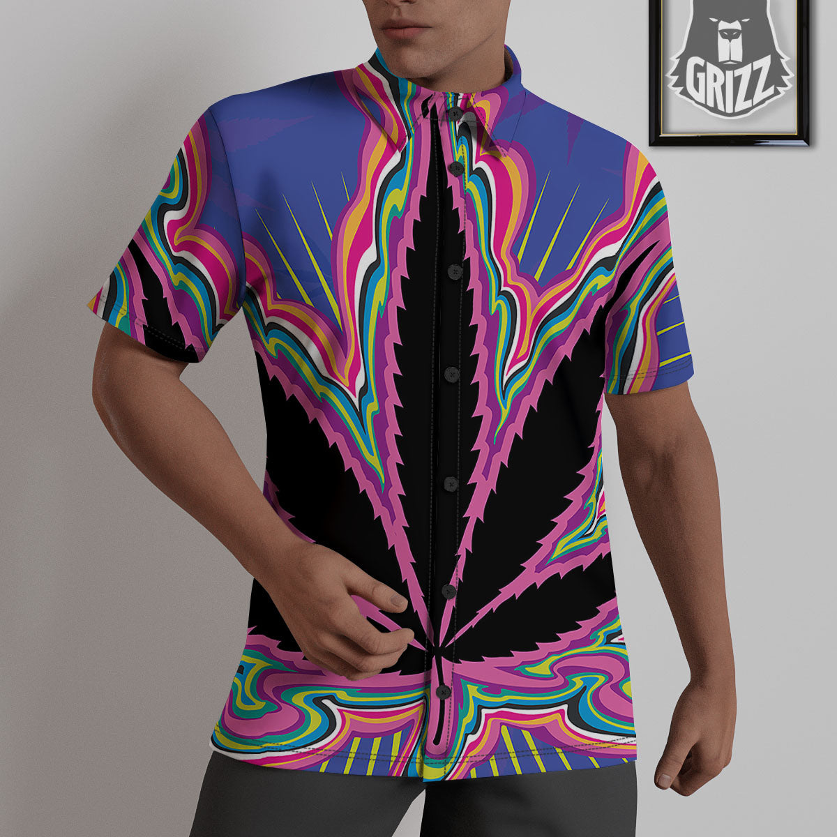 Cannabis Leaf Psychedelic Print Untucked Shirts-grizzshop