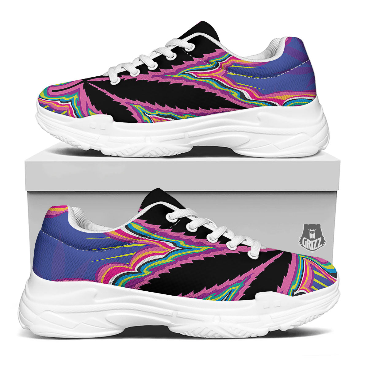 Cannabis Leaf Psychedelic Print White Chunky Shoes-grizzshop