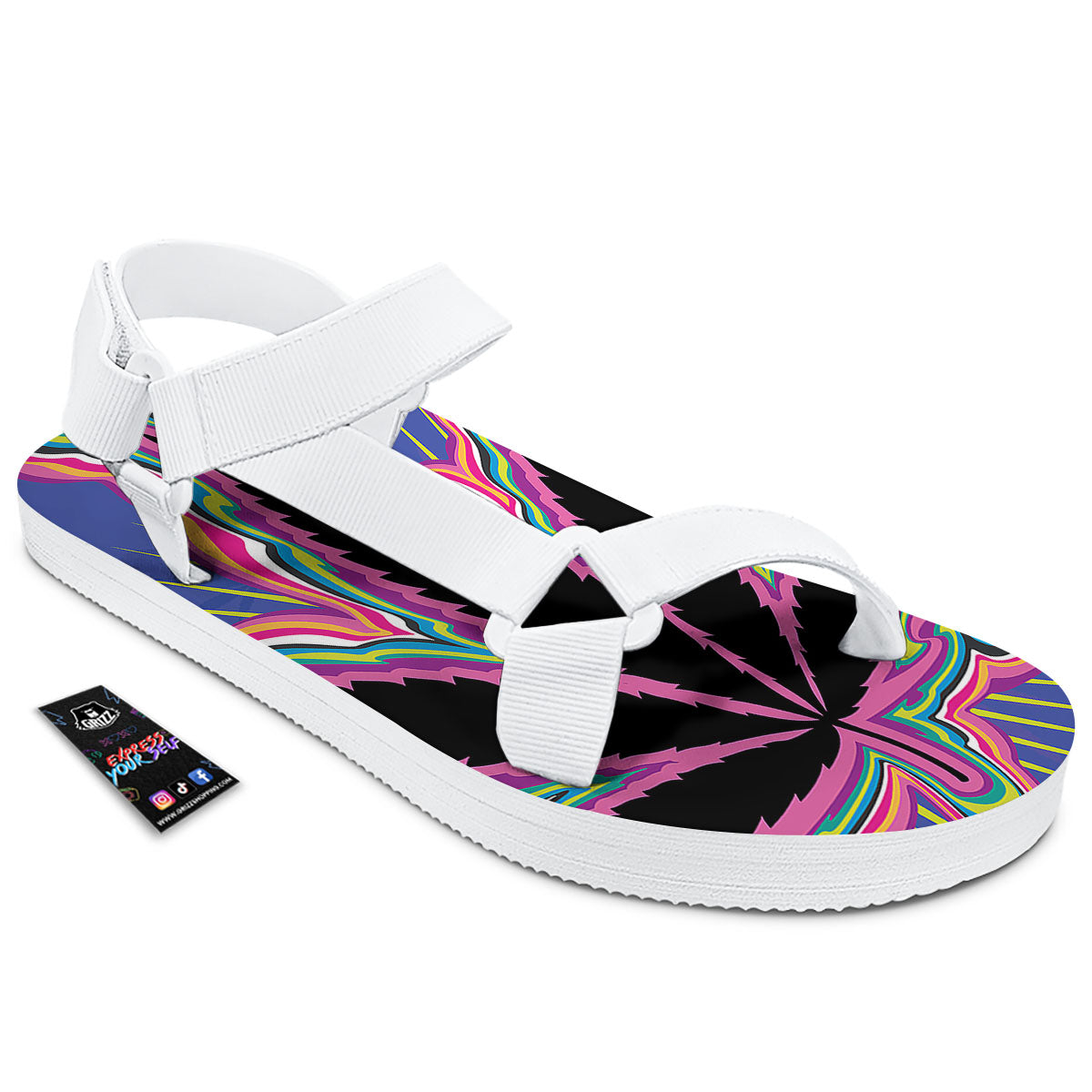 Cannabis Leaf Psychedelic Print White Open Toe Sandals-grizzshop