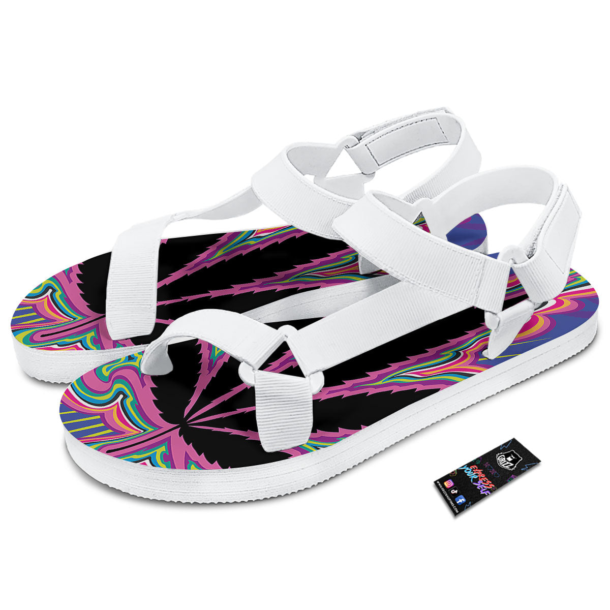 Cannabis Leaf Psychedelic Print White Open Toe Sandals-grizzshop