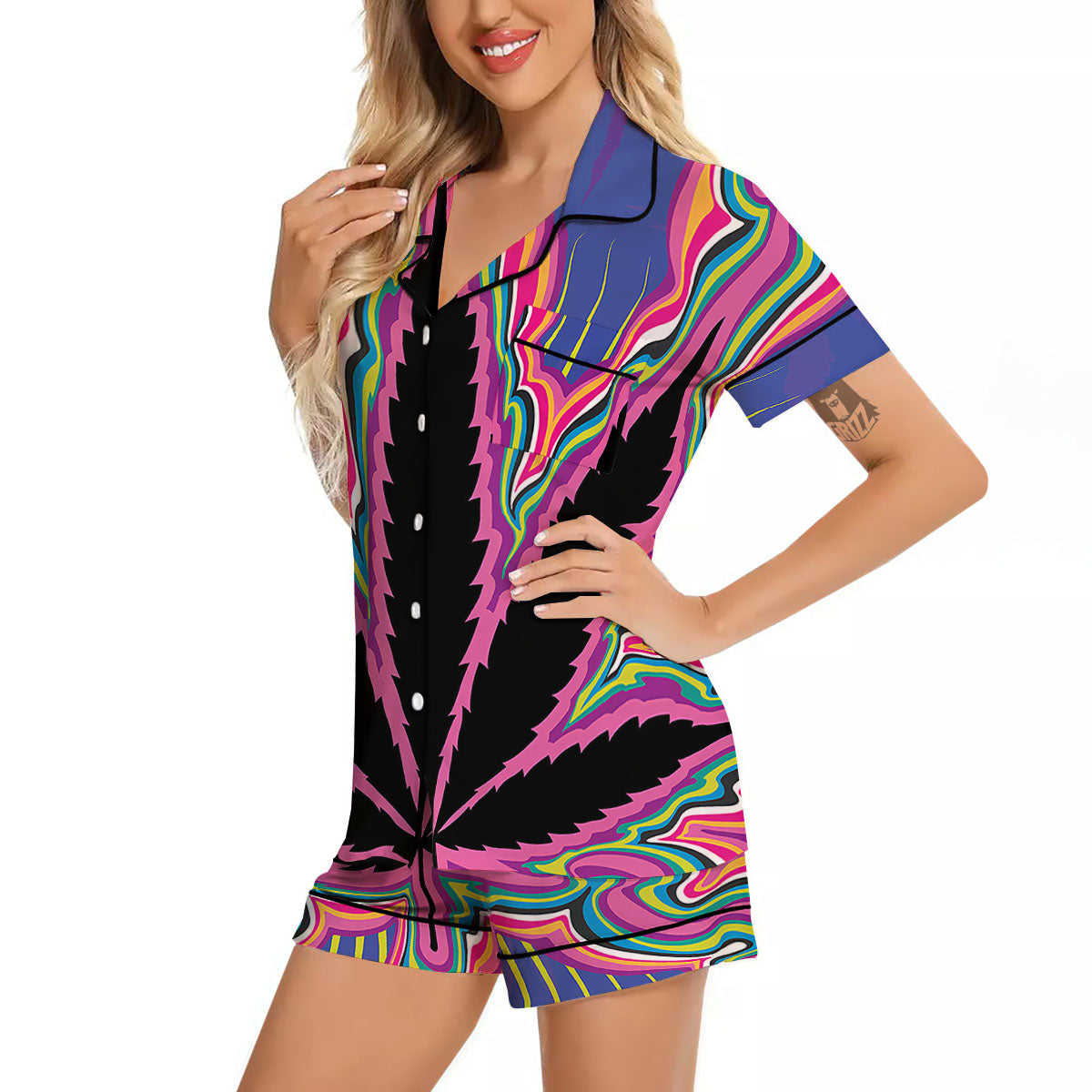 Cannabis Leaf Psychedelic Print Women Silk Pajamas-grizzshop