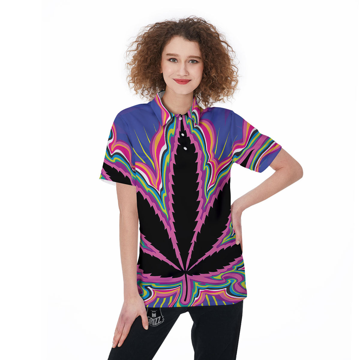 Cannabis Leaf Psychedelic Print Women's Golf Shirts-grizzshop
