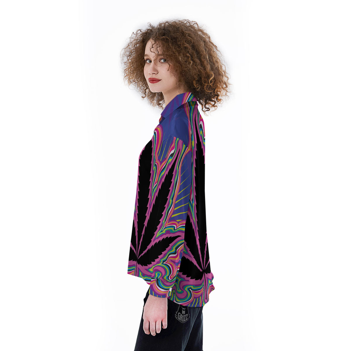 Cannabis Leaf Psychedelic Print Women's Long Sleeve Shirts-grizzshop