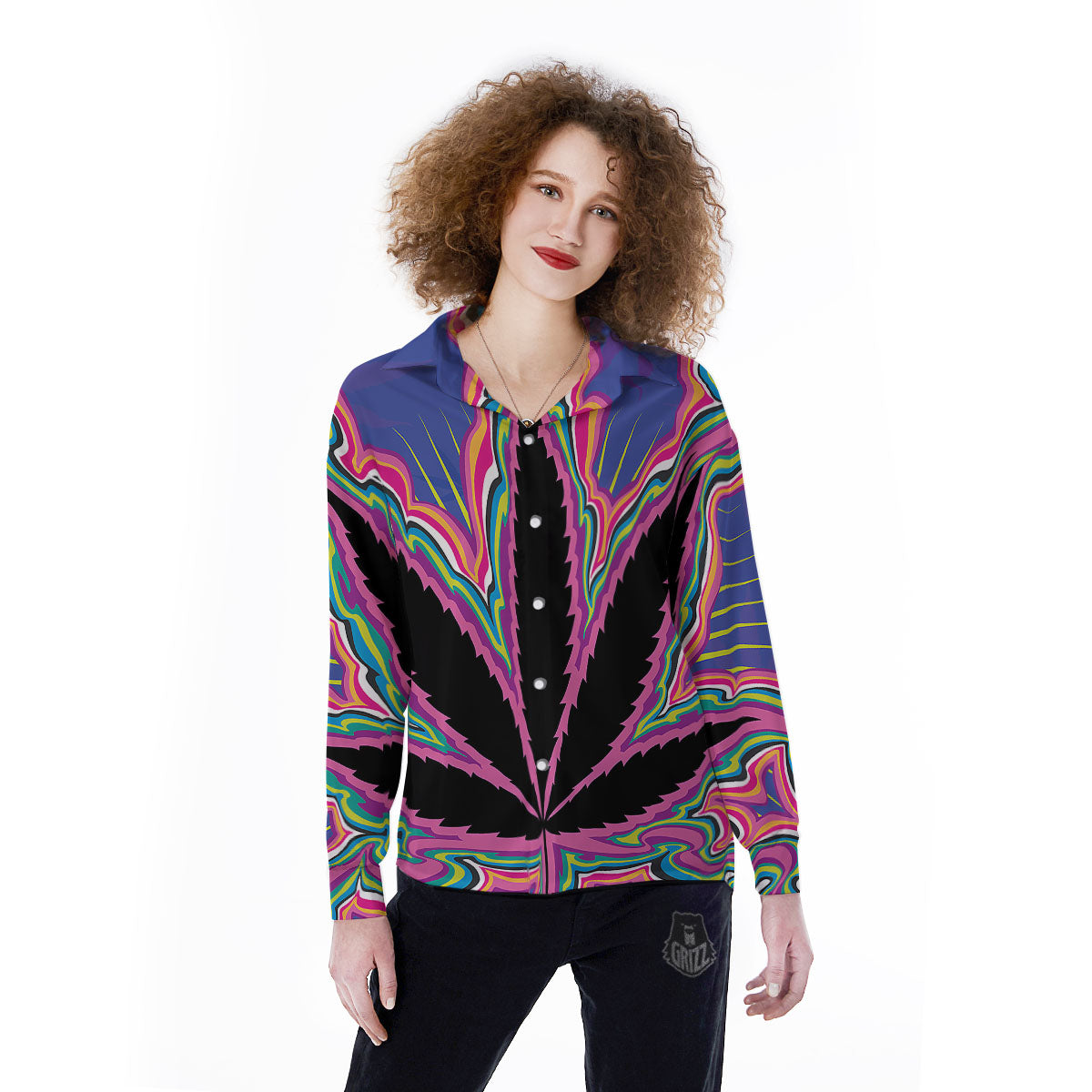 Cannabis Leaf Psychedelic Print Women's Long Sleeve Shirts-grizzshop