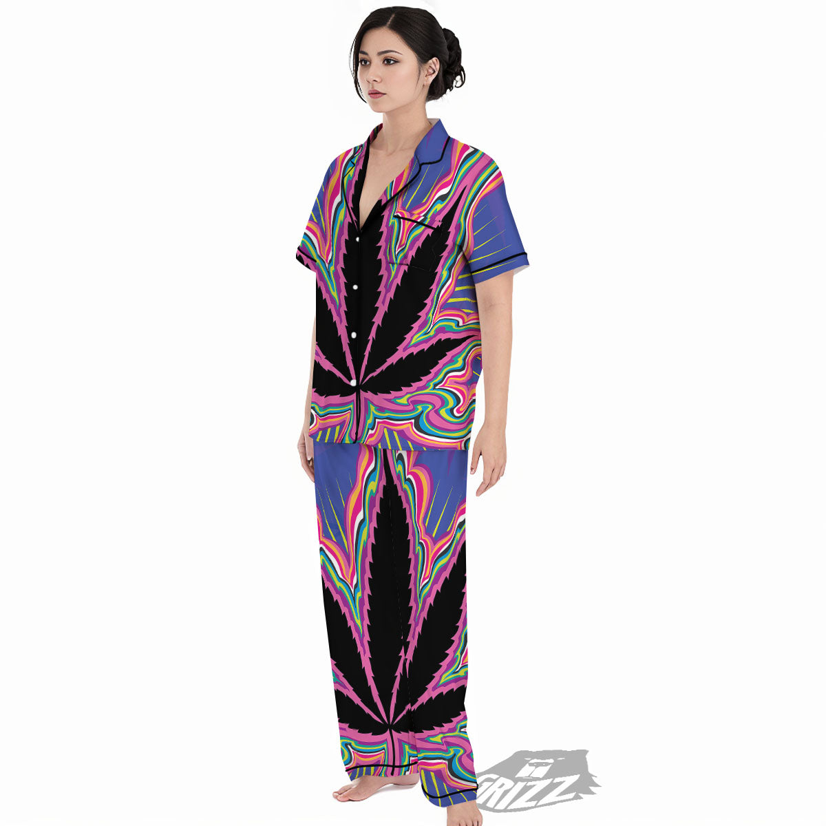 Cannabis Leaf Psychedelic Print Women's Pajamas Set-grizzshop