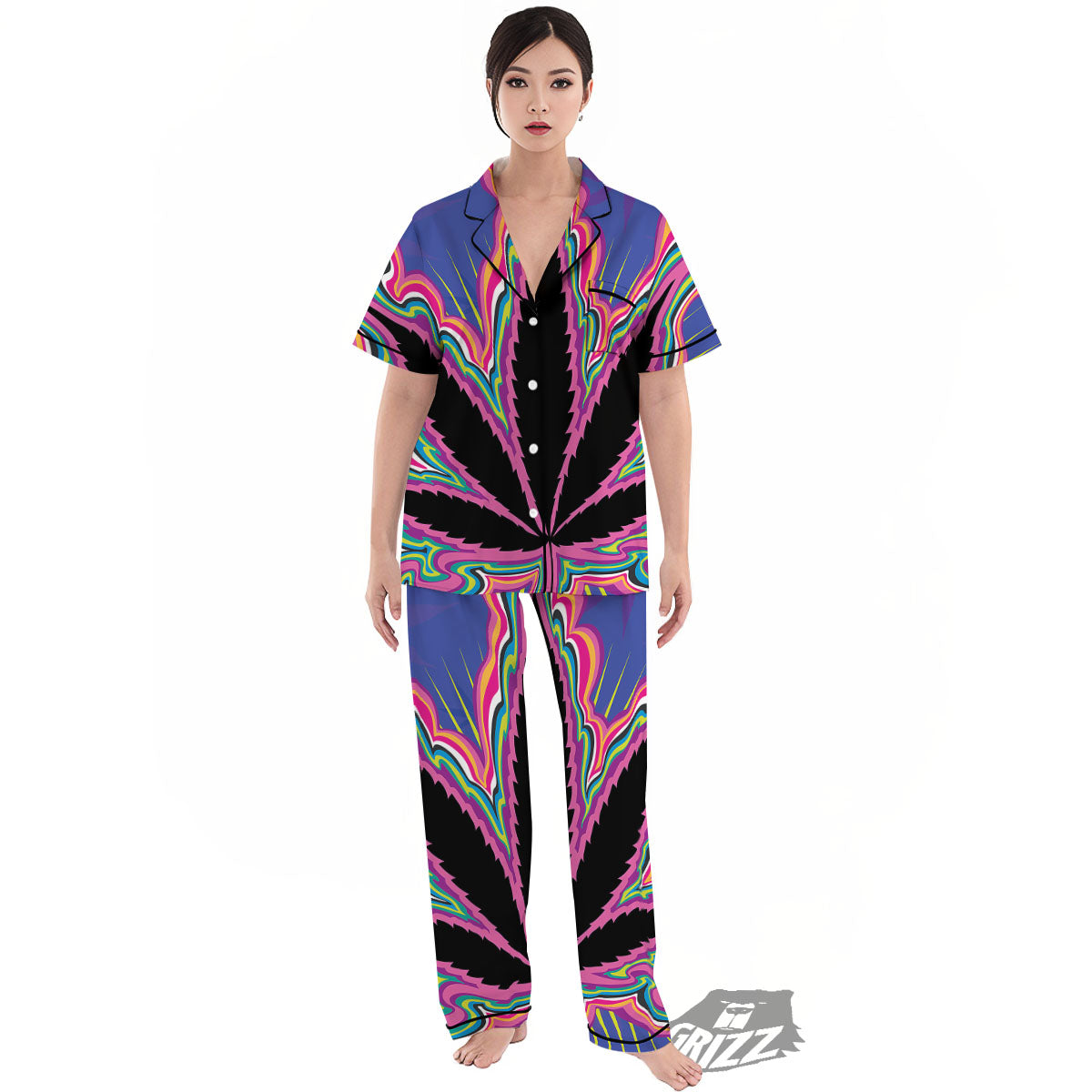 Cannabis Leaf Psychedelic Print Women's Pajamas Set-grizzshop
