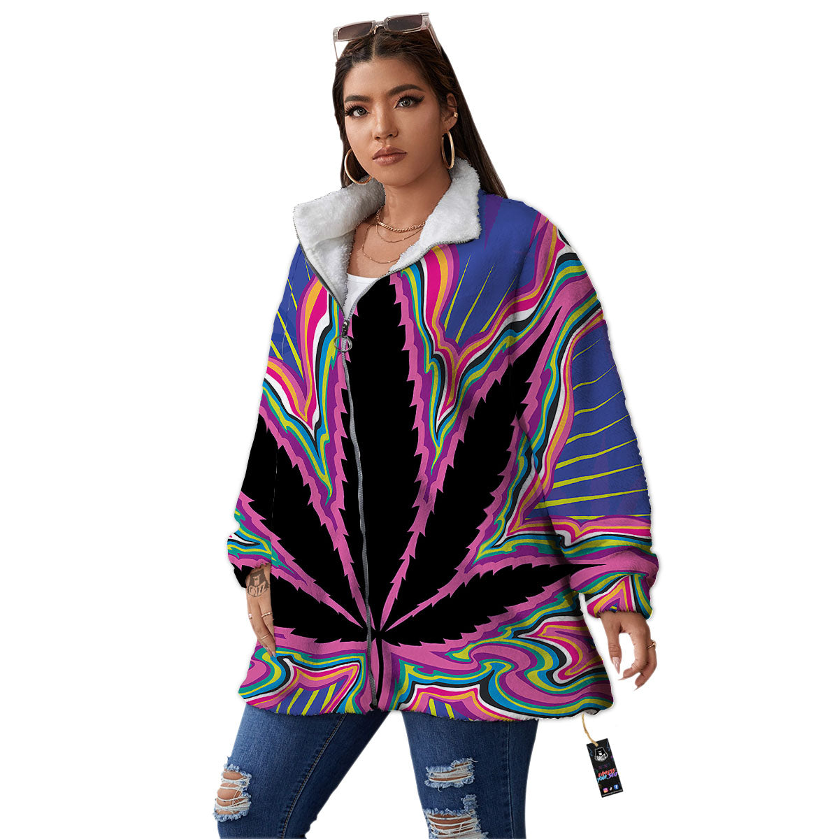 Cannabis Leaf Psychedelic Print Women's Sherpa Jacket-grizzshop