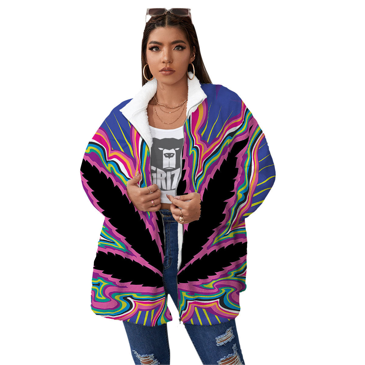 Cannabis Leaf Psychedelic Print Women's Sherpa Jacket-grizzshop