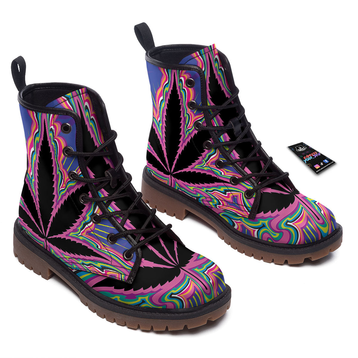 Cannabis Leaf Psychedelic Print Work Boots-grizzshop