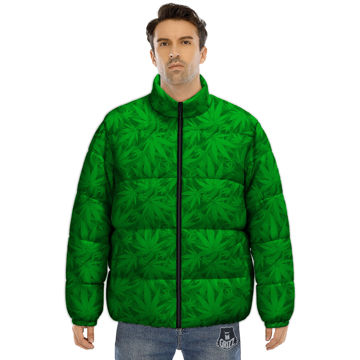 Cannabis Leaves Print Pattern Puffer Jacket-grizzshop