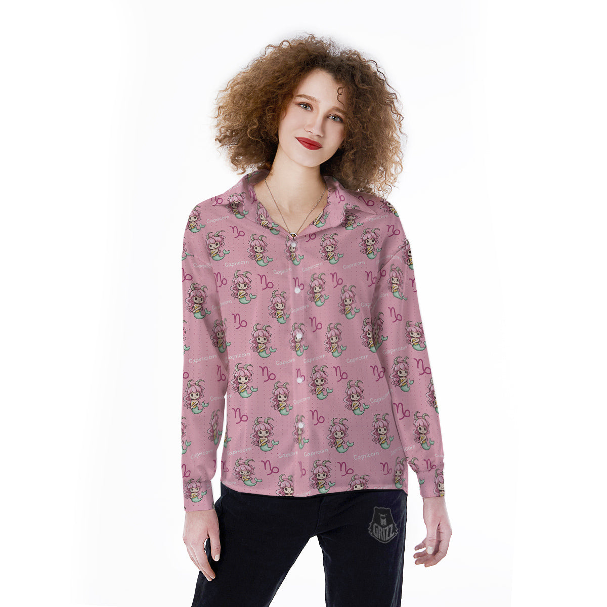 Capricorn Cute Cartoon Print Pattern Women's Long Sleeve Shirts-grizzshop