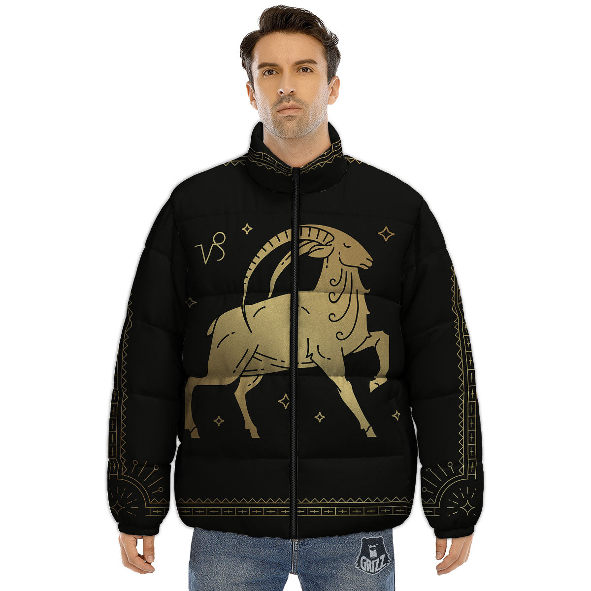 Capricorn Sign Astrological Print Puffer Jacket-grizzshop