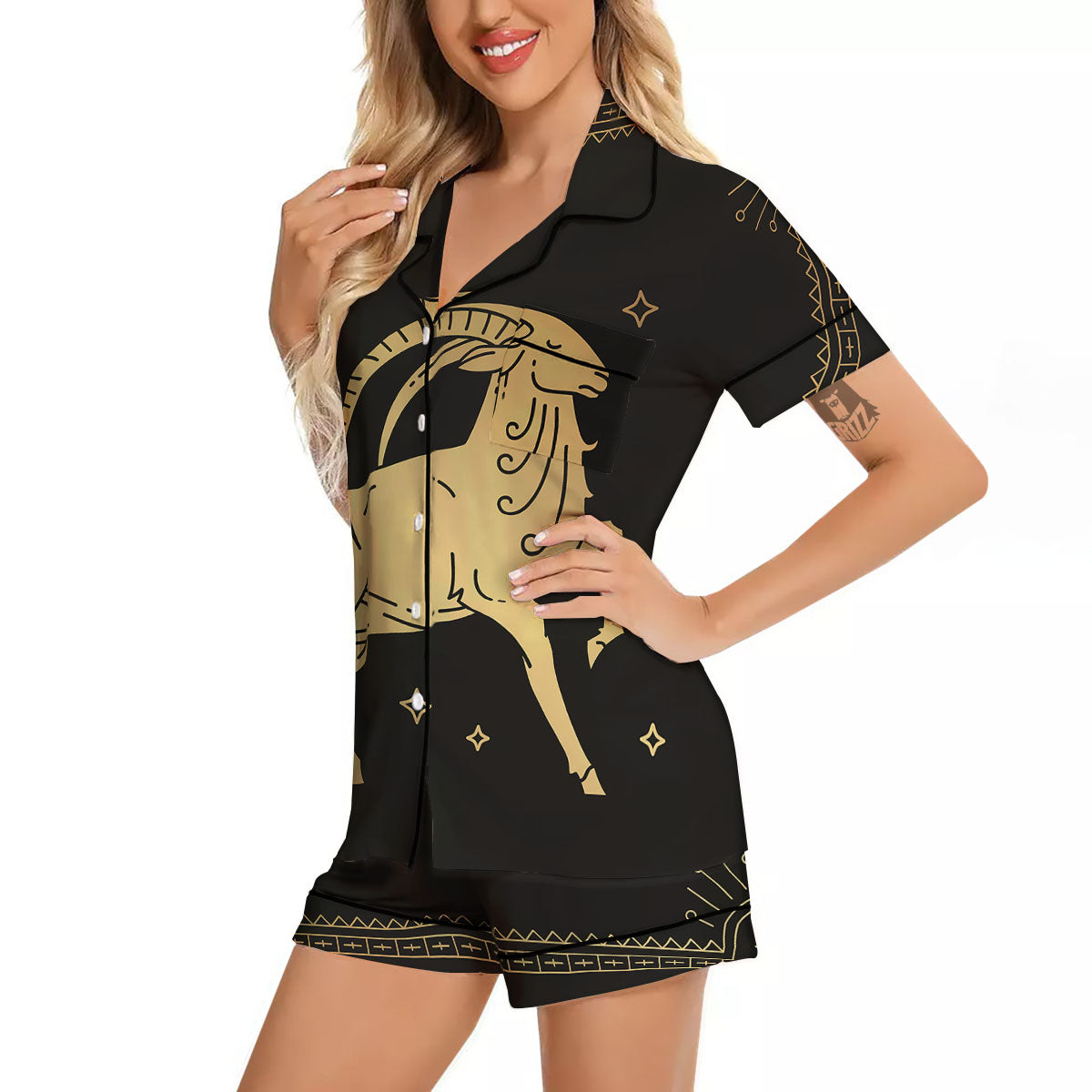 Capricorn Sign Astrological Print Women Silk Pajamas-grizzshop