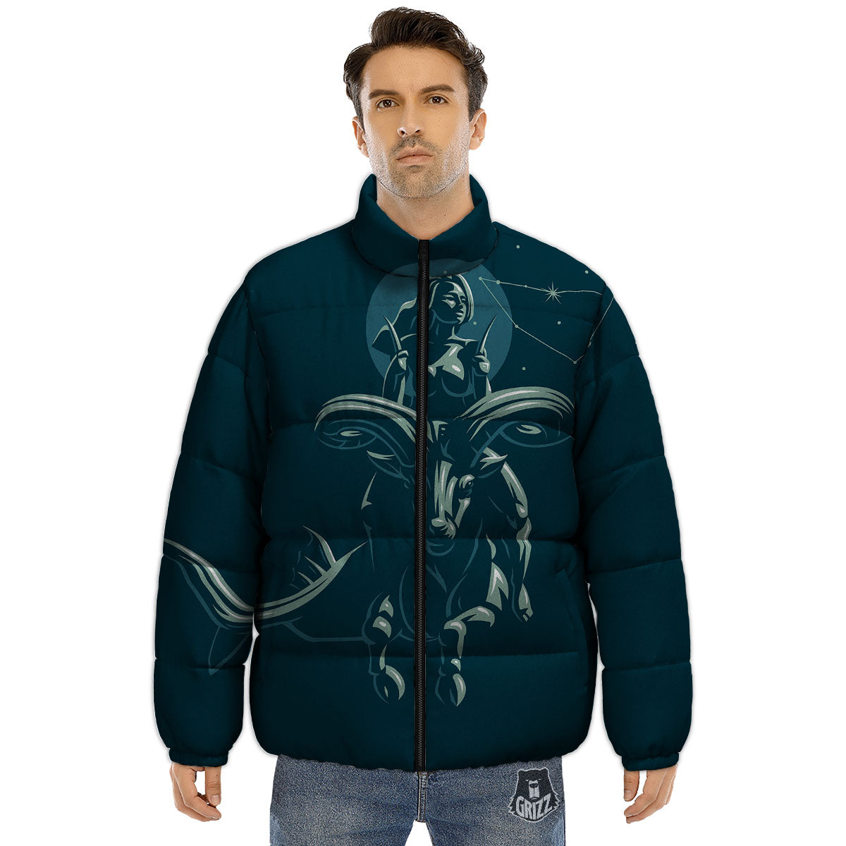 Capricorn Sign Astrology Print Puffer Jacket-grizzshop