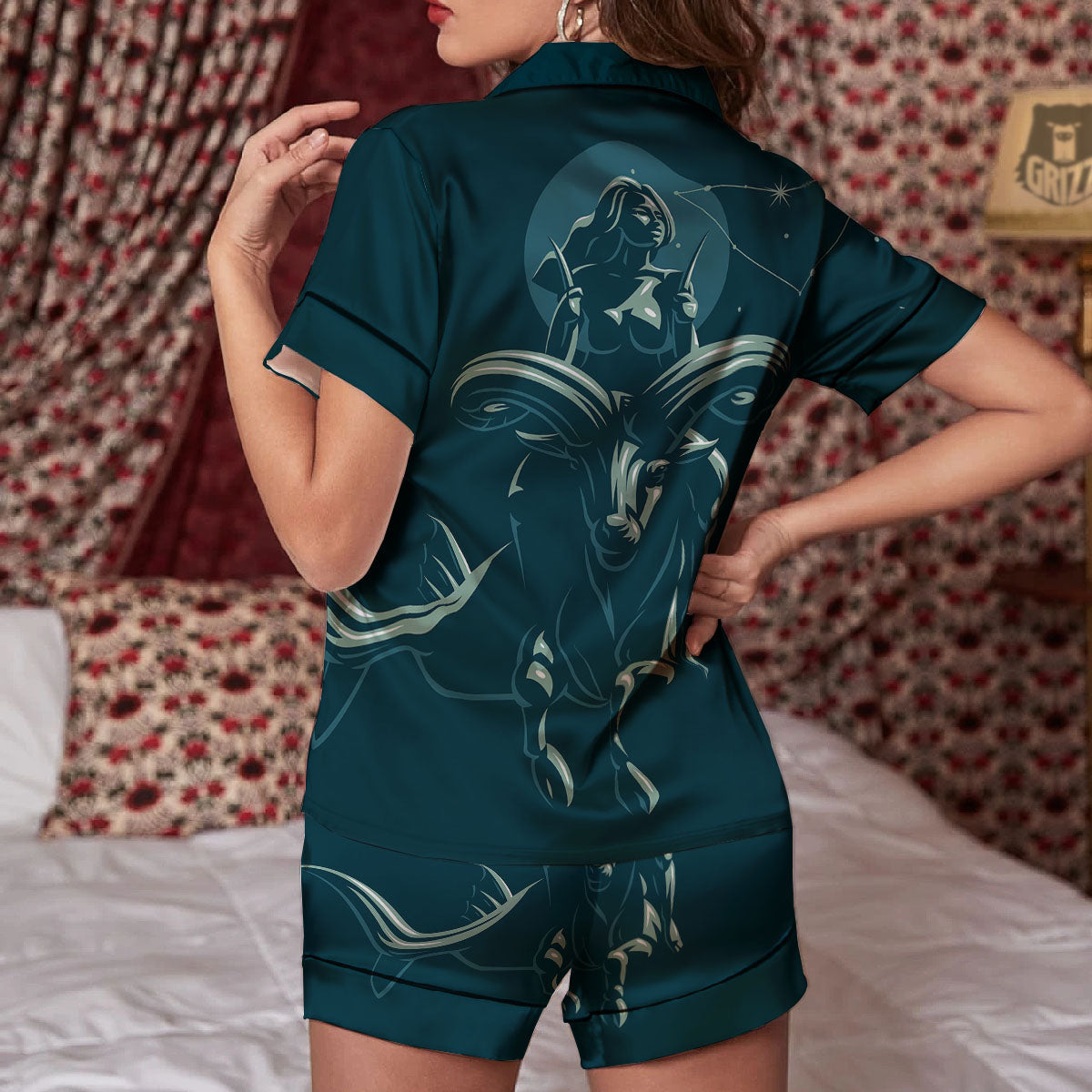 Capricorn Sign Astrology Print Women Silk Pajamas-grizzshop